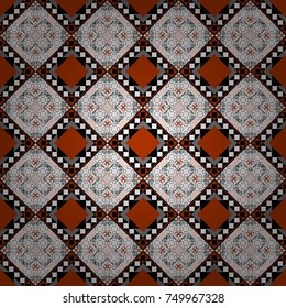 Ethnic theme. For textile, wallpaper, wrapping paper. Vector tribal design in black, orange and gray colors. Zigzag and stripe line, rhombus and tiles. Hand drawn seamless pattern.
