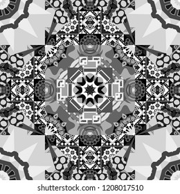Ethnic theme. Vector tribal design in gray, black and white colors. Zigzag and stripe line, rhombus and tiles. For textile, wallpaper, wrapping paper. Hand drawn seamless pattern.