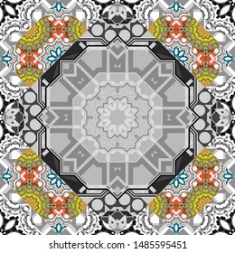 Ethnic theme. Vector tribal design in blue, gray and brown colors. Hand drawn seamless pattern. For textile, wallpaper, wrapping paper. Zigzag and stripe line, rhombus and tiles.