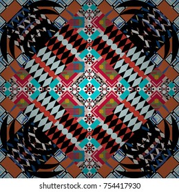 Ethnic theme. Vector tribal design in black, red and blue colors. Hand drawn seamless pattern. Zigzag and stripe line, rhombus and tiles. For textile, wallpaper, wrapping paper.