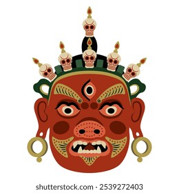 Máscara budista tibetana étnica de la deidad guardiana Jamsaran o Begtse con corona de cráneos humanos. Personaje de actuación de Cham. Ilustración vectorial aislada.