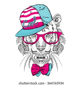 Ethnic tiger in a tie. Fashion & Style. Hipster. Print. Vector illustration for greeting card, poster, or print on clothes.