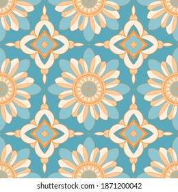 Ethnic tight vector pattern. Blue and orange geometric flower mandalas. Can be used for design of fabric, covers, wallpapers, tiles.