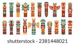 Ethnic tiki totems. Cartoon ritual hawaiian and african wooden statues, traditional carving sculptures, aboriginal culture indigenous pole totem flat vector illustration set. Native tiki figures