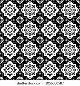 Ethnic Tile Print - Seamless Repeat Wallpaper - Black & White - Dark