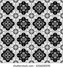 Ethnic Tile Print - Seamless Repeat Wallpaper - Black & White - Light