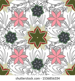 Ethnic towel, henna style. Can be used for greeting or business cards, backdrop, fabric or textile. Seamless ornament print in pink, green and white colors. Vector Indian floral Paisley patten.