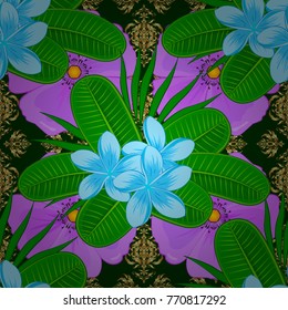 Ethnic towel, henna style. Can be used for greeting business card background, backdrop, textile. Vector Indian floral plumeria flowers pattern. Seamless ornament print in violet, green and blue colors