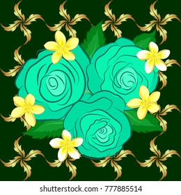 Ethnic towel, henna style. Can be used for greeting card background, backdrop, textile. Vector Indian floral rose flowers and green leaves pattern. Seamless ornament print in yellow and blue colors.