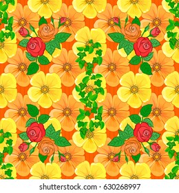 Ethnic towel, henna style. Seamless ornament print on a orange background. Can be used for greeting business card background, backdrop, textile. Vector Indian floral cosmos flowers pattern.