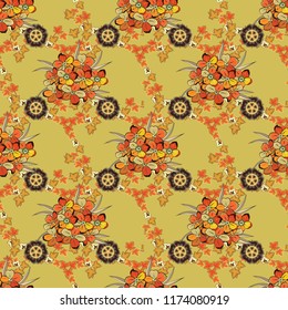 Ethnic towel, henna style. Vector Indian floral forget-me-not flowers pattern. Seamless ornament print in brown, orange and yellow colors. Can be used for greeting card background, backdrop, textile.