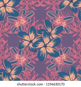 Ethnic towel, henna style. Vector Indian floral plumeria flowers pattern. Seamless ornament print in blue, beige and pink colors. Can be used for greeting business card background, backdrop, textile.