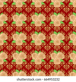 Ethnic towel, henna style. Vector Indian floral rose flowers and green leaves pattern. Seamless ornament print on a red background. Can be used for greeting business card background, backdrop, textile