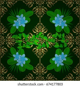 Ethnic towel, henna style. Vector Indian floral plumeria flowers pattern. Seamless ornament print on a green background. Can be used for greeting business card background, backdrop, textile.