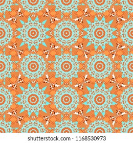 Ethnic tracery for print on textile. With saturated shapes in magenta, orange and blue colors. Vector illustration. Seamless pattern abstract background. Textile design texture.