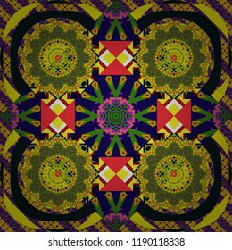 Ethnic tracery for print on textile. Vector illustration. With saturated shapes in yellow, blue and green colors. Textile design texture. Seamless pattern abstract background.