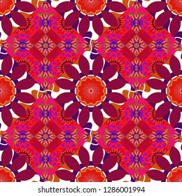 Ethnic tracery for print on textile. Seamless pattern abstract background. Textile design texture. With saturated shapes in orange, red and purple colors. Vector illustration.