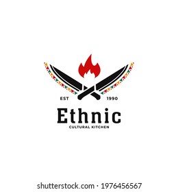 Ethnic traditional african cultural kitchen soul restaurant logo with knife and hot fire icon