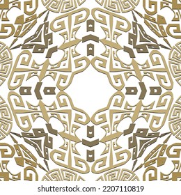 Patrón étnico tradicional hermoso y sin costura. Fondo vector de moda ornamental. Resumen de la tradición tribal ornamentos dorados. Crujías de claves griegas. Repetir el fondo. Textura sin fin. Aislado en blanco.