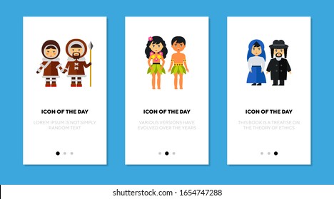 Ethnic traditional costumes flat icon set. Eskimo, Hawaiian, Jewish isolated vector sign pack. Clothes and tradition concept. Vector illustration symbol elements for web design and apps