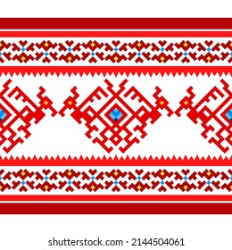 Patrón de diseño tradicional étnico para el fondo, alfombra, papel pintado, ropa, envoltura, batik, tela, ilustración vectorial estilo de bordado de ave roja geométrica oriental.