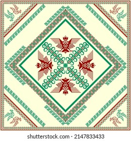 Patrón de diseño étnico tradicional para fondo, alfombra, papel pintado, ropa, envoltura, batik, tela, ilustración vectorial águila de arte geométrico oriental y estilo de bordado de diamantes de paloma.