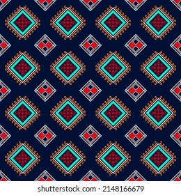 Patrón de diseño étnico tradicional para el fondo, alfombra, papel pintado, ropa, envoltura, batik, tela, ilustración vectorial, estilo de bordado de diamantes de arte geométrico oriental.