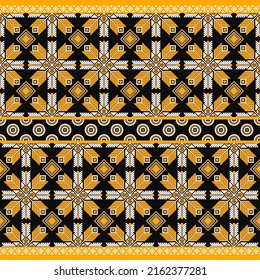 Patrón de diseño étnico tradicional para fondo, alfombra, papel pintado, ropa, envoltura, batik, tela, ilustración vectorial arte geométrico oriental hojas de color naranja diamantes y estilo de bordado de diamantes.