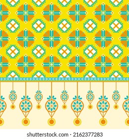 Ethnic traditional design pattern for background, carpet, wallpaper, clothing, wrapping, batik, fabric, vector illustration oriental geometric art leaves diamond and dream catcher embroidery style.