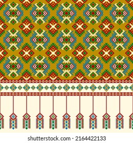 Ethnic traditional design pattern for background, carpet, wallpaper, clothing, wrapping, batik, fabric, vector illustration oriental geometric art tribe diamond and flag hanging embroidery style.