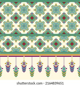 Ethnic traditional design pattern for background, carpet, wallpaper, clothing, wrapping, batik, fabric, vector illustration oriental geometric art snowflakes and diamond line embroidery style.