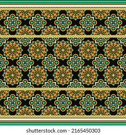 Patrón de diseño tradicional étnico para fondo, alfombra, papel pintado, ropa, envoltura, batik, tela, ilustración vectorial arte geométrico oriental mandala y estilo de bordado cuadrado circular.