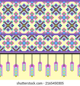 Ethnic traditional design pattern for background, carpet, wallpaper, clothing, wrapping, batik, fabric, vector illustration oriental geometric art  modern diamond and flag hanging embroidery style.