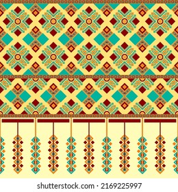 Ethnische traditionelle Design-Muster für Hintergrund, Teppich, Tapete, Kleidung, Umhüllung, Batik, Stoff, Vektorgrafik orientalische geometrische Kunst Stamm Diamant und Diamant Hängestickereien Stil.