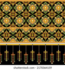 Patrón de diseño étnico tradicional para el fondo, alfombra, papel pintado, ropa, envoltura, batik, tela, ilustración vectorial diamante de arte geométrico oriental y estilo bordado de alfombra cruzada colgante.