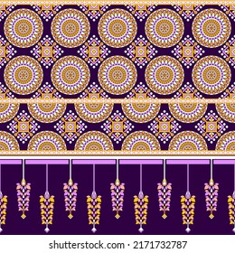 Ethnic traditional design pattern for background, carpet, wallpaper, clothing, wrapping, batik, fabric, vector illustration oriental geometric art mandala and hanging bushes embroidery style.