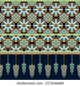 Ethnic traditional design pattern for background, carpet, wallpaper, clothing, wrapping, batik, fabric, vector illustration oriental geometric art modern mandala and hanging leaves embroidery style.