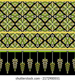 Ethnic traditional design pattern for background, carpet, wallpaper, clothing, wrapping, batik, fabric, vector illustration oriental geometric art tribe diamond and bushes carpet embroidery style.