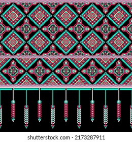 Ethnic traditional design pattern for background, carpet, wallpaper, clothing, wrapping, batik, fabric, vector illustration oriental geometric art tribe diamond and shield carpet embroidery style.