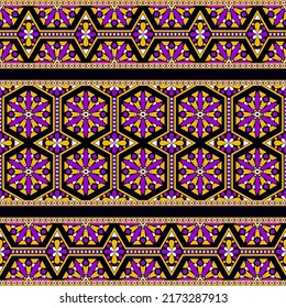 Ethnic traditional design pattern for background, carpet, wallpaper, clothing, wrapping, batik, fabric, vector illustration oriental geometric art hexagon mandala and diamond line embroidery style.