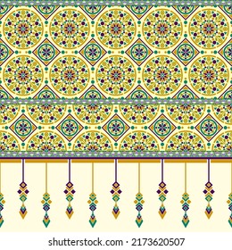 Ethnic traditional design pattern for background, carpet, wallpaper, clothing, wrapping, batik, fabric, vector illustration geometric art mandala and leave hanging carpet embroidery style.
