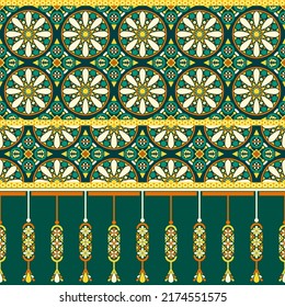 Patrón de diseño tradicional étnico para fondo, alfombra, papel pintado, ropa, envoltura, batik, tela, ilustración vectorial de arte geométrico mandala y estilo de bordado de alfombra colgante de flores de amuleto.