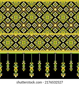 Ethnic traditional design pattern for background, carpet, wallpaper, clothing, wrapping, batik, fabric, vector illustration geometric art leave diamond and tribe leave hanging carpet embroidery style.
