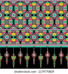 Ethnic traditional design pattern for background, carpet, wallpaper, clothing, wrapping, batik, fabric, vector illustration geometric art tribe circle and tribe dream catcher carpet embroidery style.