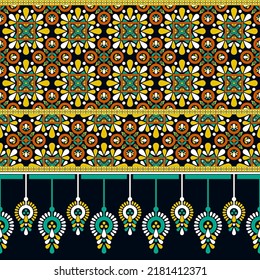Patrón de diseño tradicional étnico para fondo, alfombra, papel pintado, ropa, envoltura, batik, tela, ilustración vectorial arte geométrico flor floreciente y estilo de bordado de alfombra de ensueño.