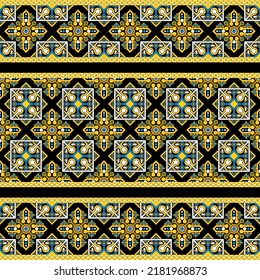 Patrón de diseño tradicional étnico para fondo, alfombra, papel pintado, ropa, envoltura, batik, tela, ilustración vectorial de arte geométrico mandala y estilo de bordado de alfombra cuadrada.