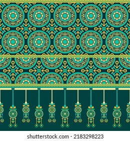 Ethnic traditional design pattern for background, carpet, wallpaper, clothing, wrapping, batik, fabric, vector illustration geometric art tribe mandala and tribal circle hanging embroidery style.