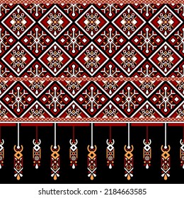 Ethnic traditional design pattern for background, carpet, wallpaper, clothing, wrapping, batik, fabric, vector illustration geometric art tribe diamonds and flower hexagon hanging embroidery style.