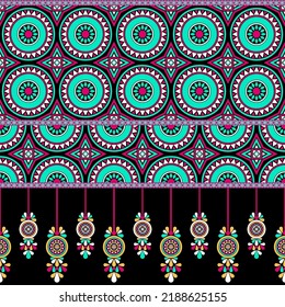 Patrón de diseño tradicional étnico para fondo, alfombra, papel pintado, ropa, envoltura, batik, tela, ilustración vectorial de la tribu de arte geométrico círculo y estrella con estilo de bordado de atracador de ensueño.