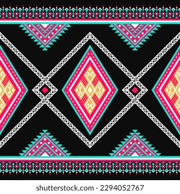 Ethnic traditional design pattern for background, carpet, wallpaper, clothing, wrapping, batik, fabric, vector illustration oriental geometric art tribal diamond and line pattern embroidery style.